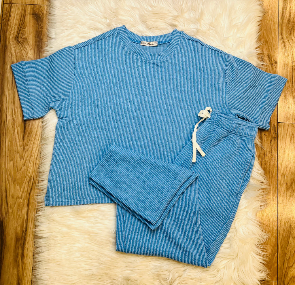 Women’s Short Sleeve Ribbed Drawstring pant sets Sky Blue