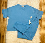 Women’s Short Sleeve Ribbed Drawstring pant sets Sky Blue