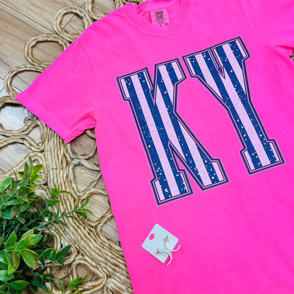 Women’s Hot Pink KY with Navy Stripes Graphic Tee