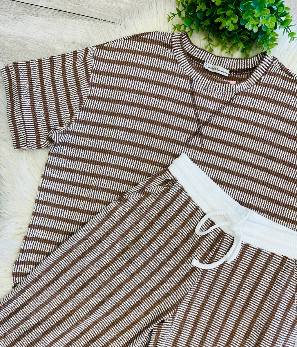 Women’s Zenana Brown Ribbed Drop - Shoulder Two Piece Set