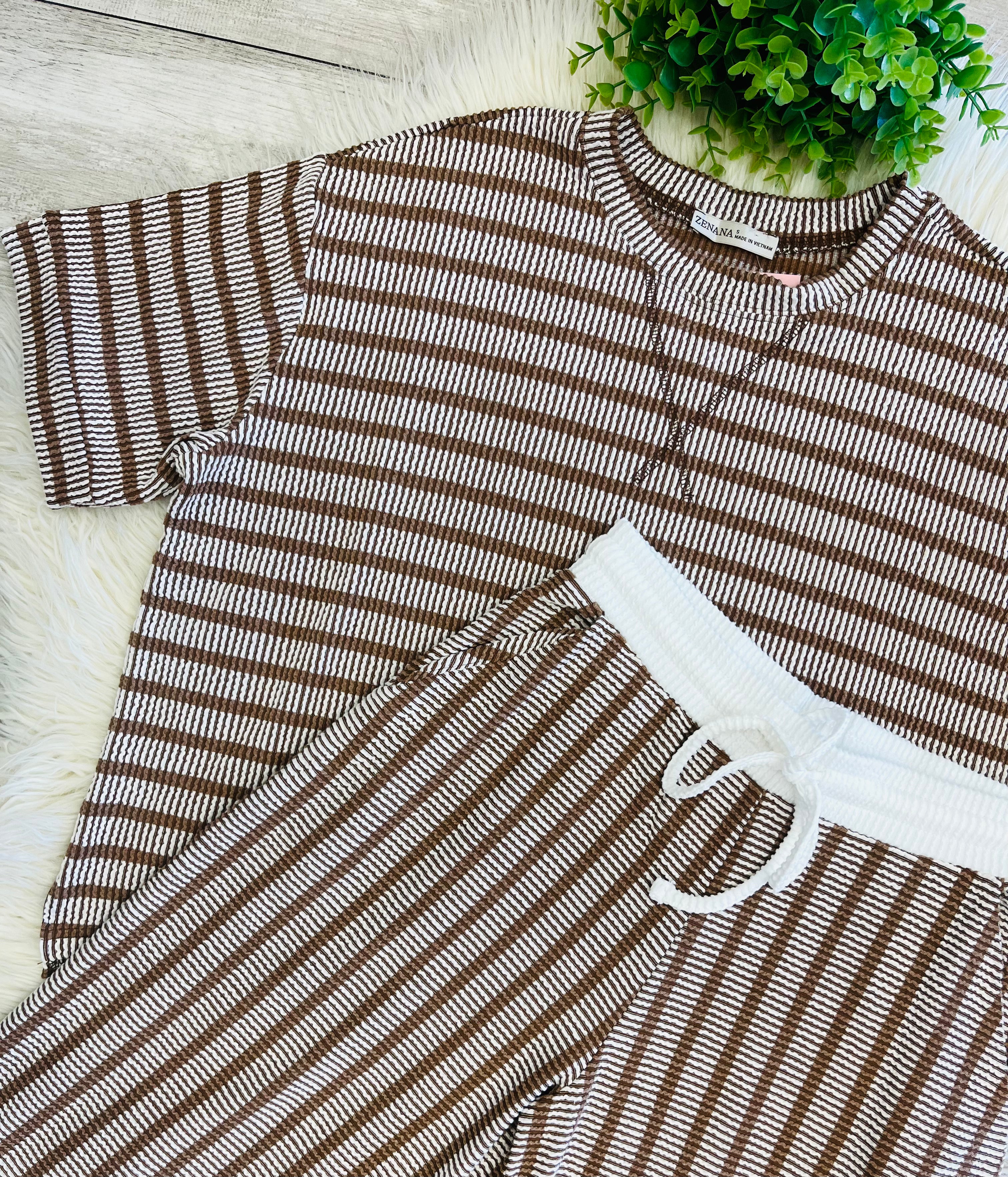 Women’s Zenana Brown Ribbed Drop - Shoulder Two Piece Set