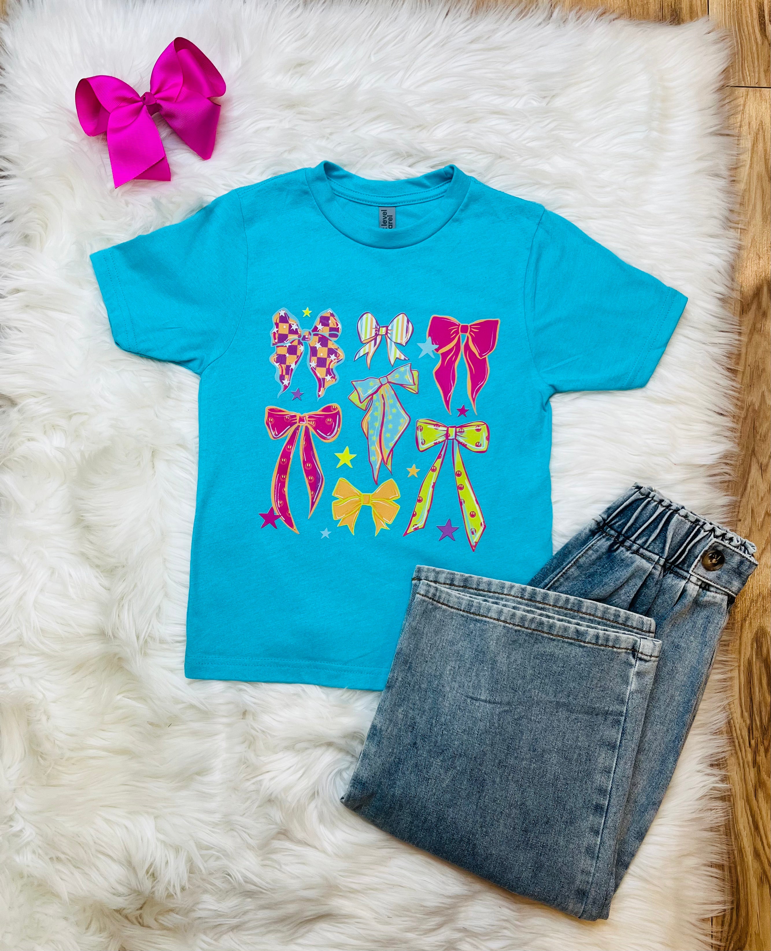 Girl’s Teal with Pink and Yellow Bows Tee