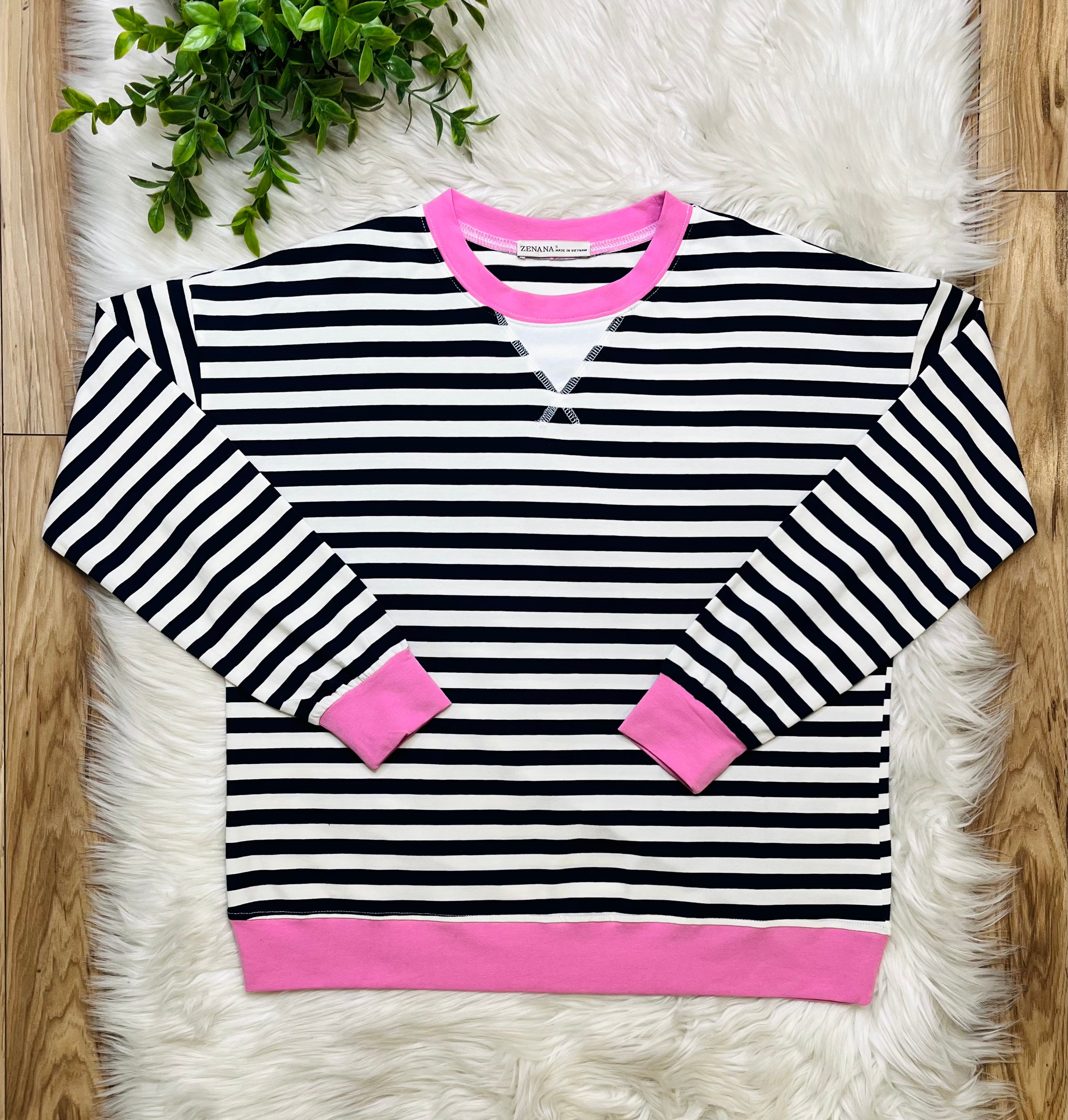 Women’s Navy and Candy Pink Stripe Top- Loose Fit