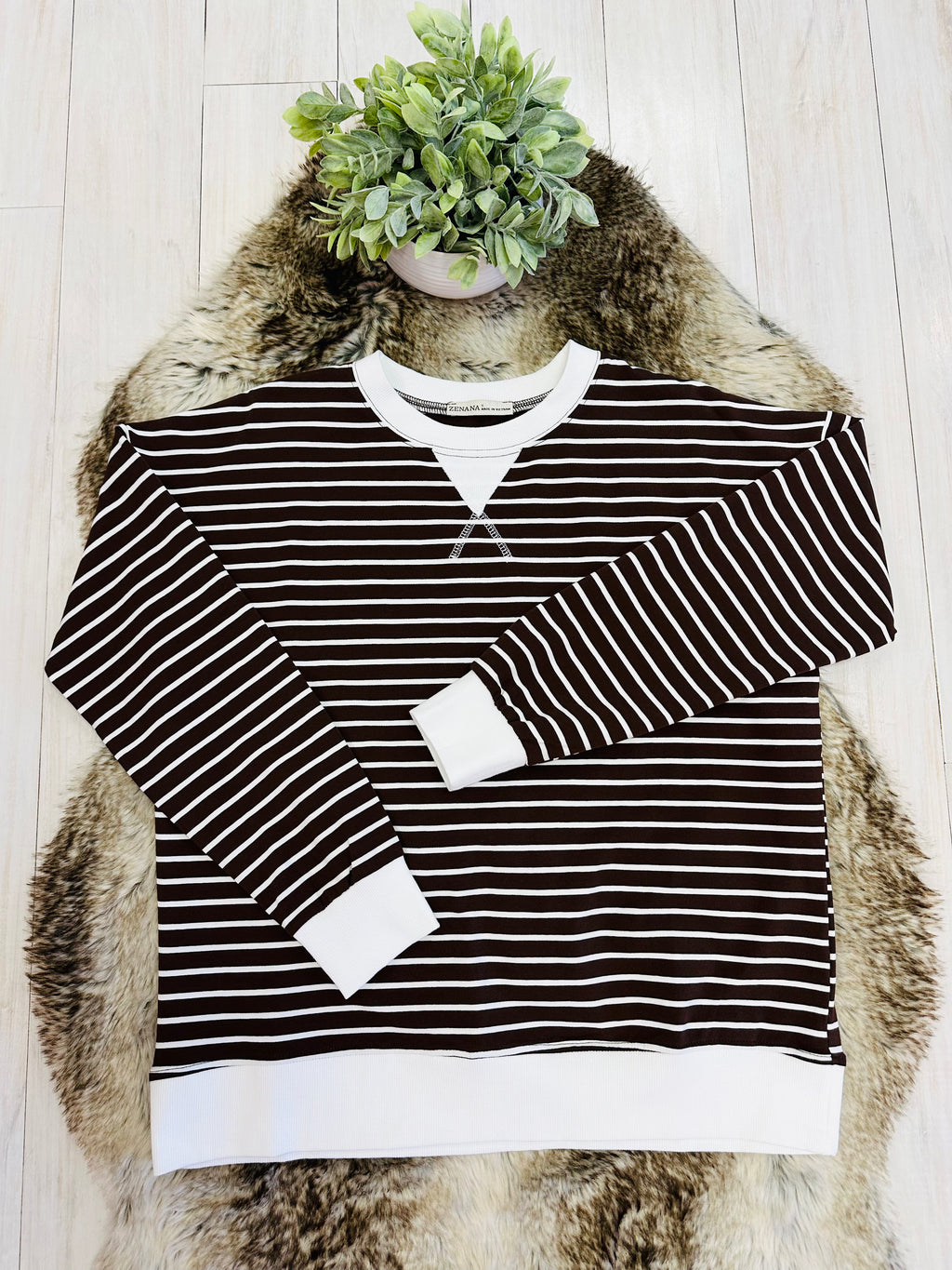 Women’s Zenana Brown Striped Long Sleeve Top with White Trim- True to Size