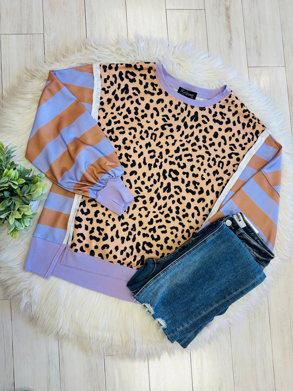 Women’s Evermmee Leopard Print Top with Purple Stripes