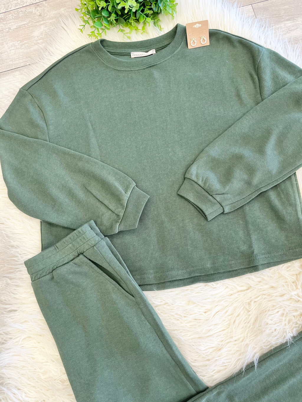 Women’s Zenana Olive Long Sleeve Two Piece Set - True to size