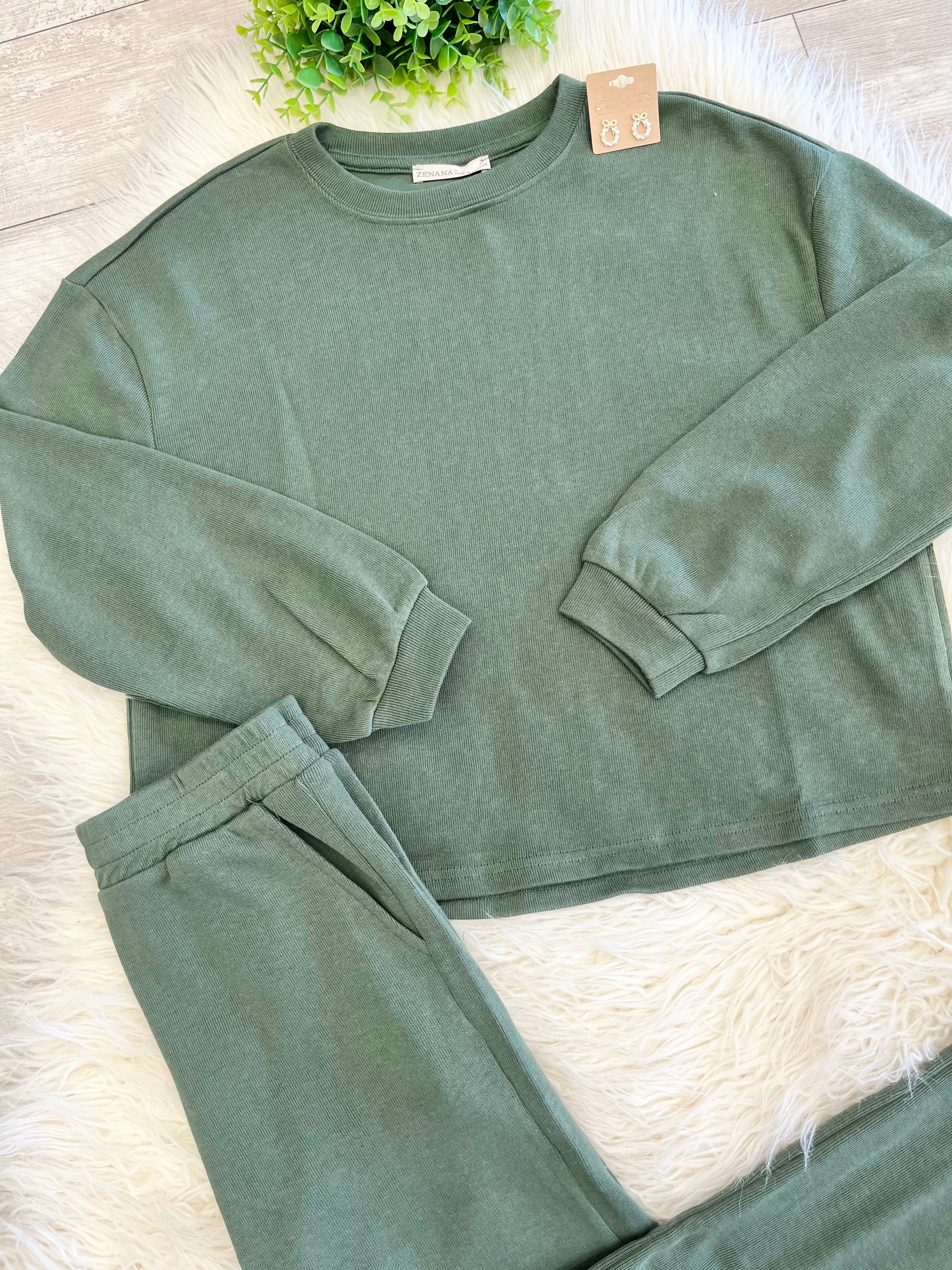 Women’s Zenana Olive Long Sleeve Two Piece Set - True to size