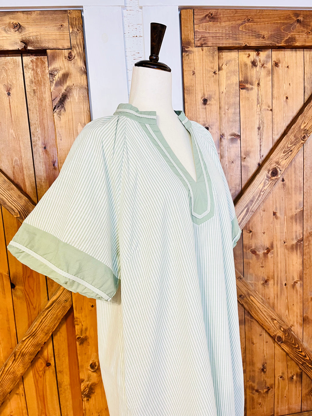 Women’s Umgee Curvy Sage Striped V Neck Dress- True to Size