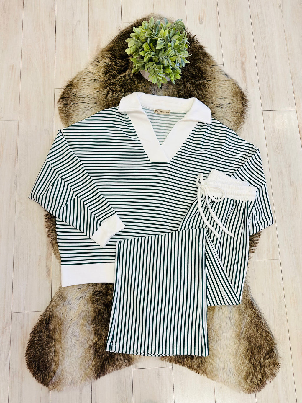 Stained Women’s Zenana Dark Green Striped Collared Set