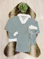 Stained Women’s Zenana Dark Green Striped Collared Set
