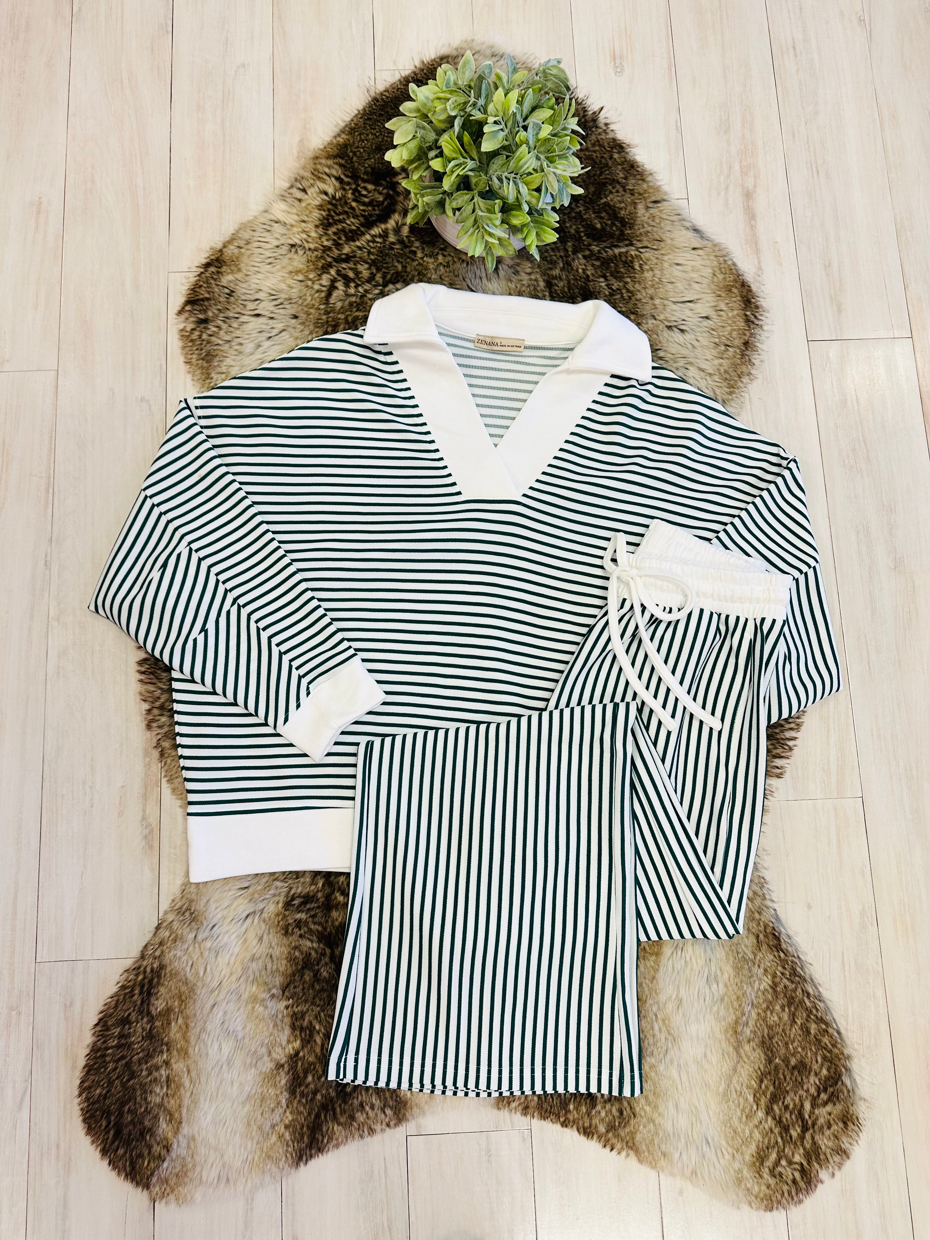 Stained Women’s Zenana Dark Green Striped Collared Set