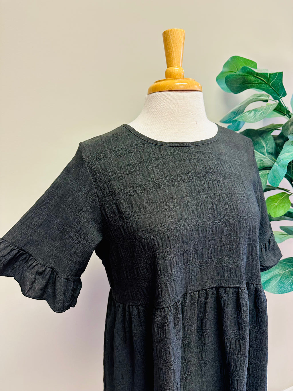 Women’s Black Tiered Dress with Ruffle Sleeves- True to Size
