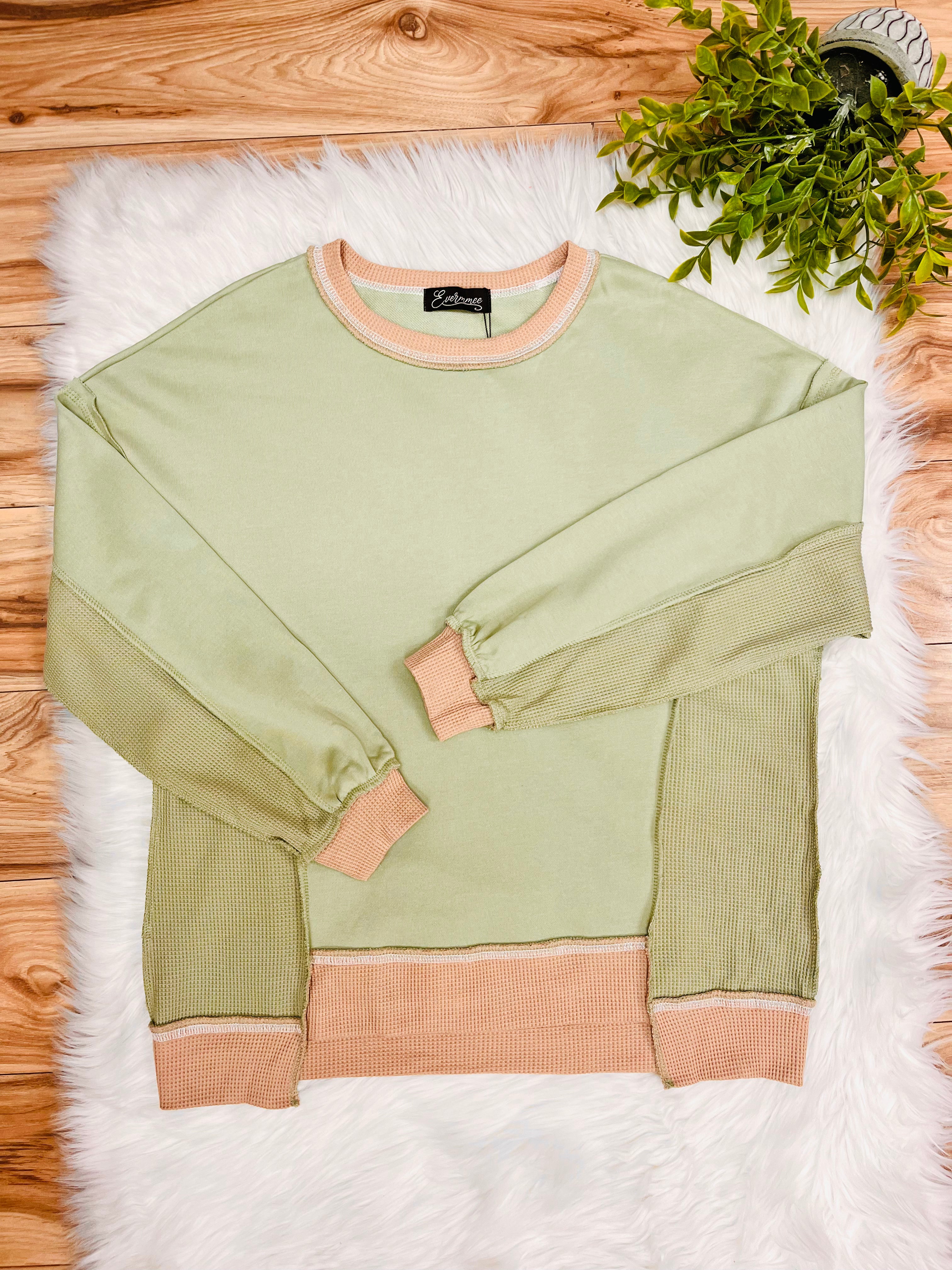 Women’s Evermmee Green Long Sleeve Exposed Seam Top with Tan Trim- Loose Fit