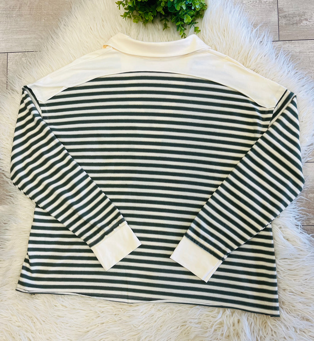 Women’s Olive & Grey Striped Henley Long Sleeve - True To Size