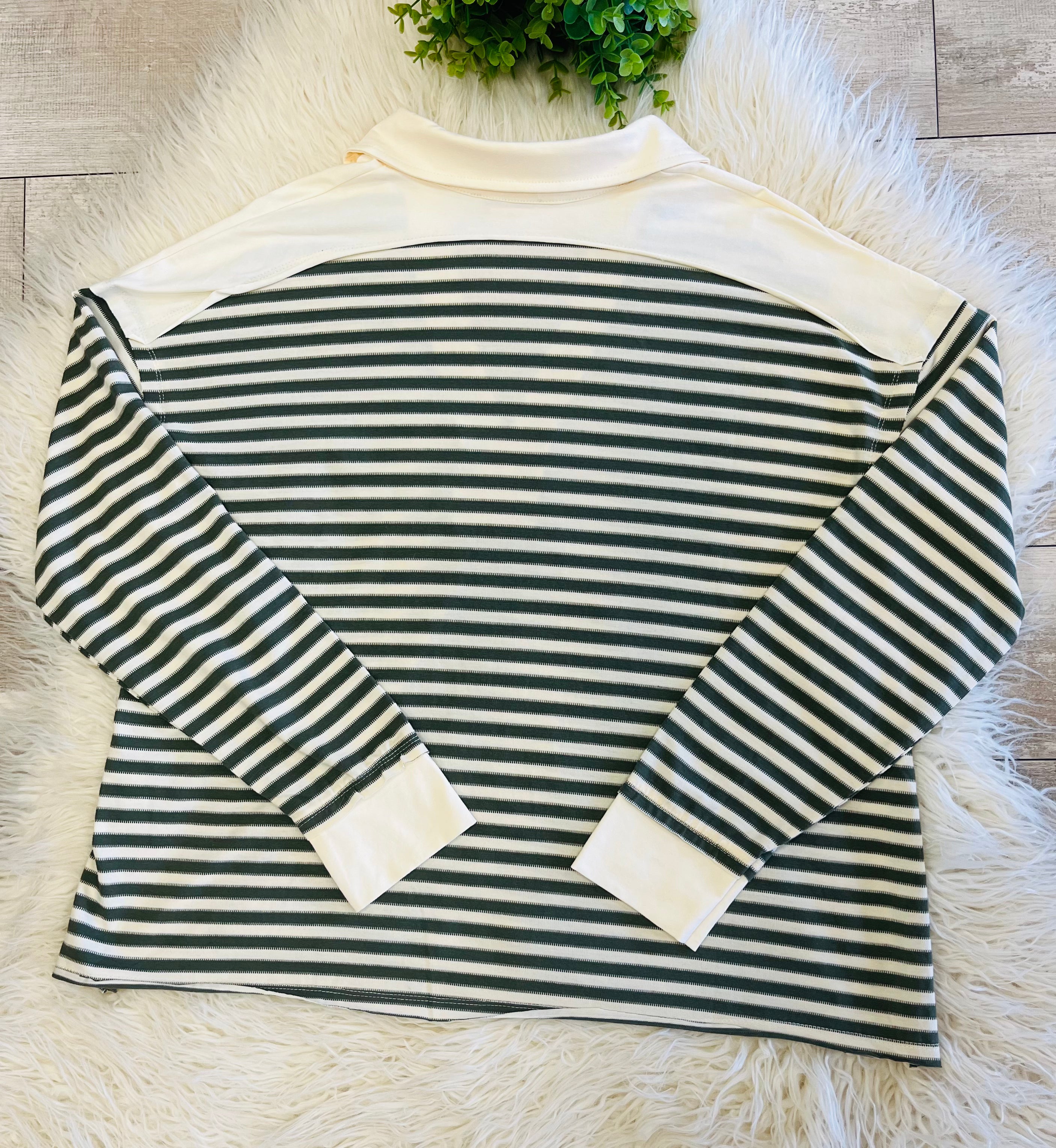 Women’s Olive & Grey Striped Henley Long Sleeve - True To Size