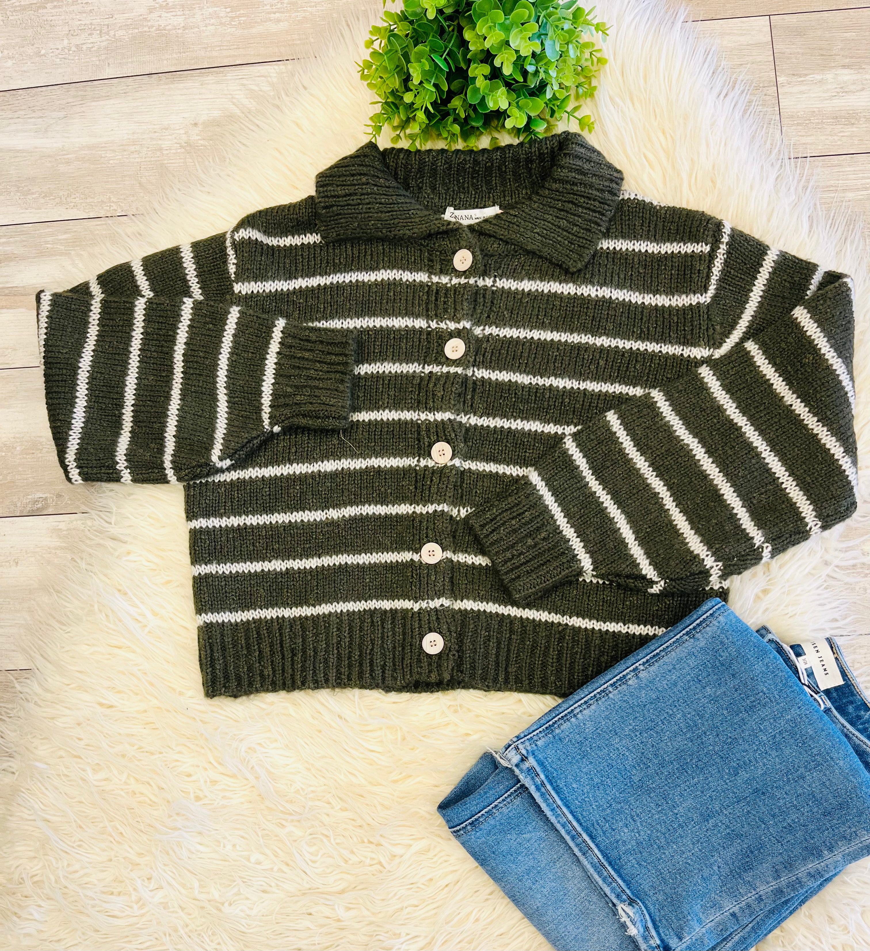 Women’s Zenana Striped Olive Button Sweater Top - True to size