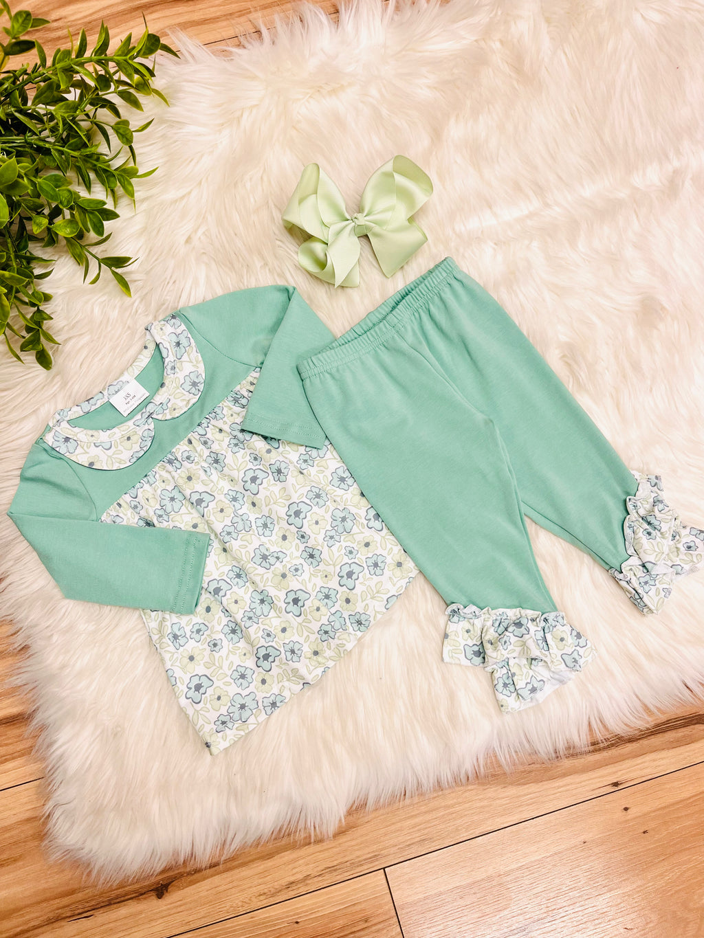 Girl’s Sage Green Floral Ruffle Outfit