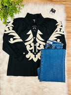 Women’s Jodifl Black Puff Sleeve Top with Taupe Embroidered Details- True to Size