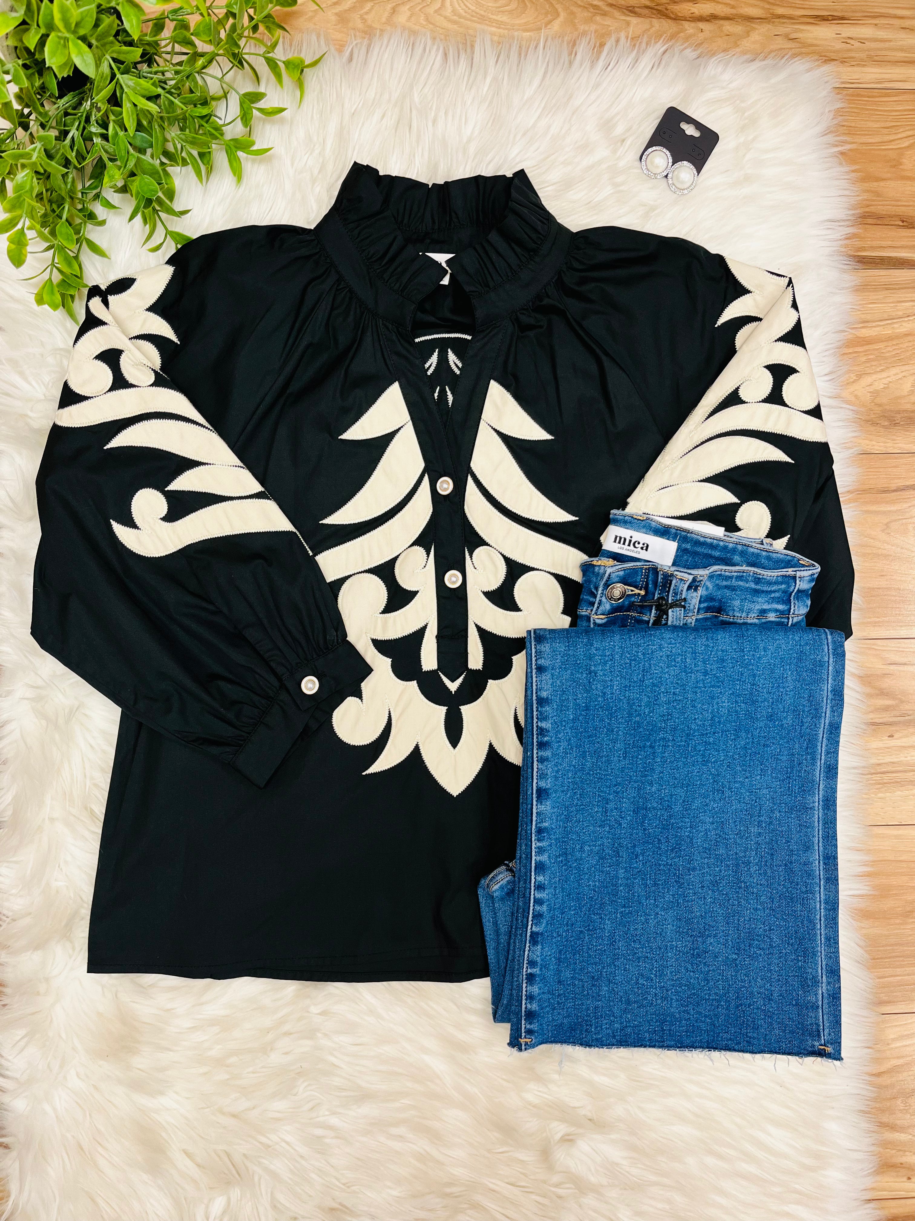 Women’s Jodifl Black Puff Sleeve Top with Taupe Embroidered Details- True to Size