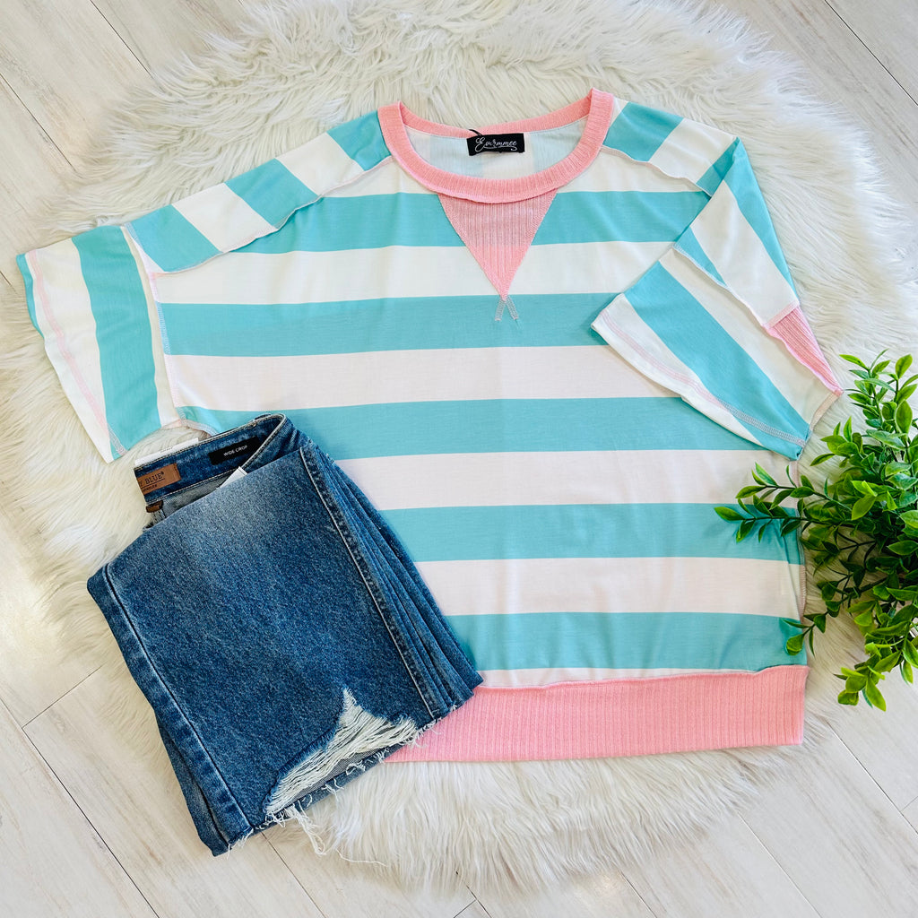 Women’s Teal Stripe Top with Pink Trim