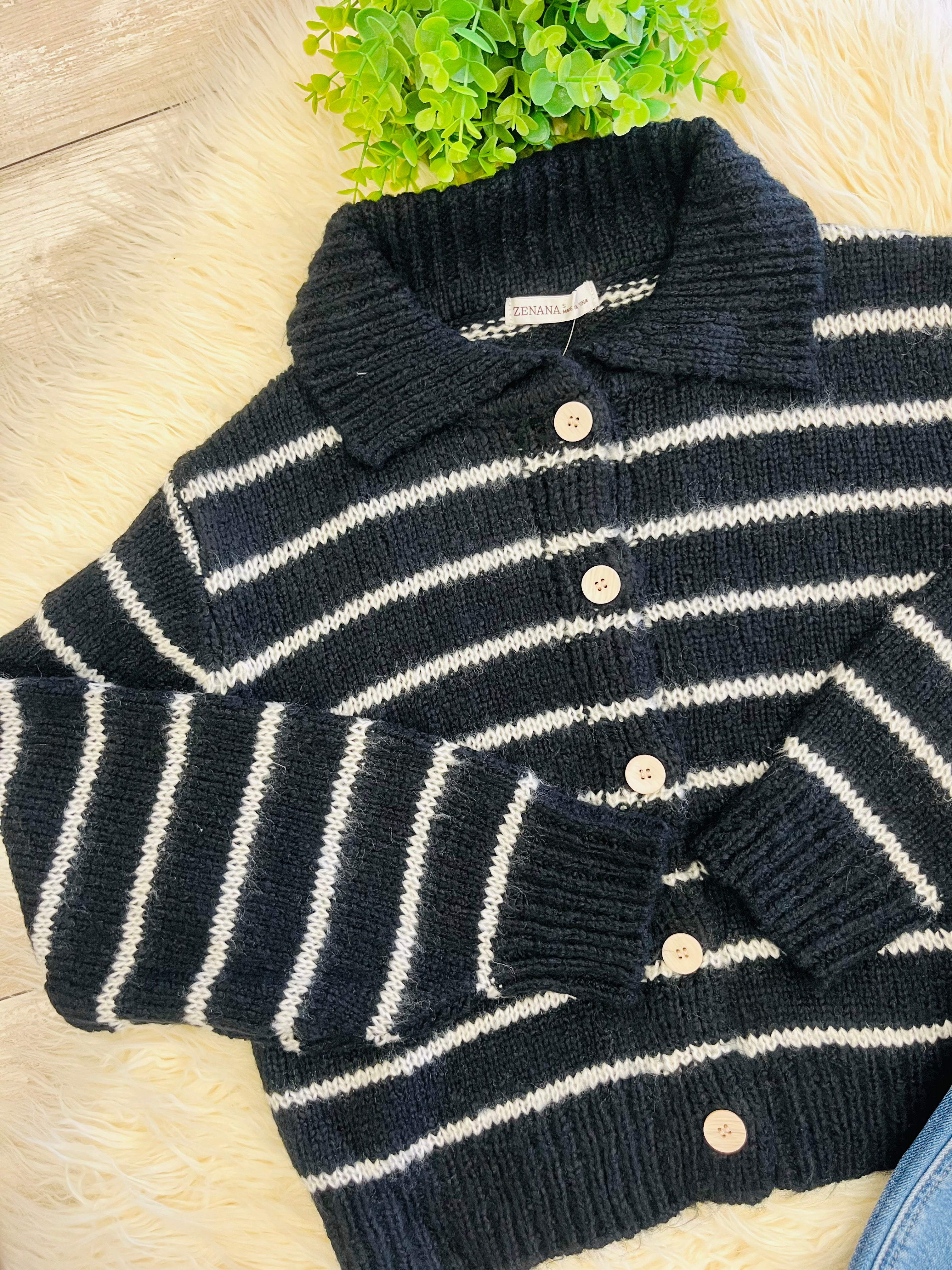 Women’s Zenana Striped Black Button Sweater Top - true to size