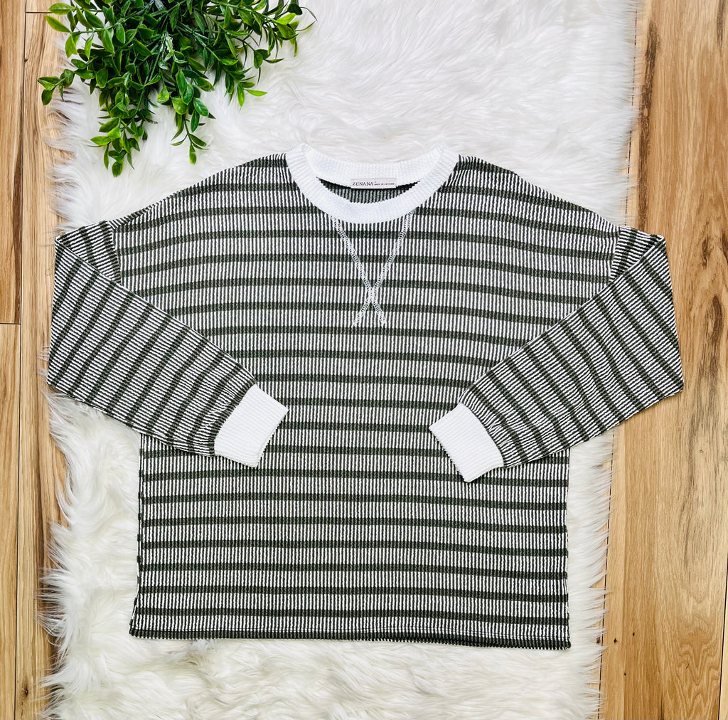 Women’s Zenana Olive Striped Ribbed Pant Set