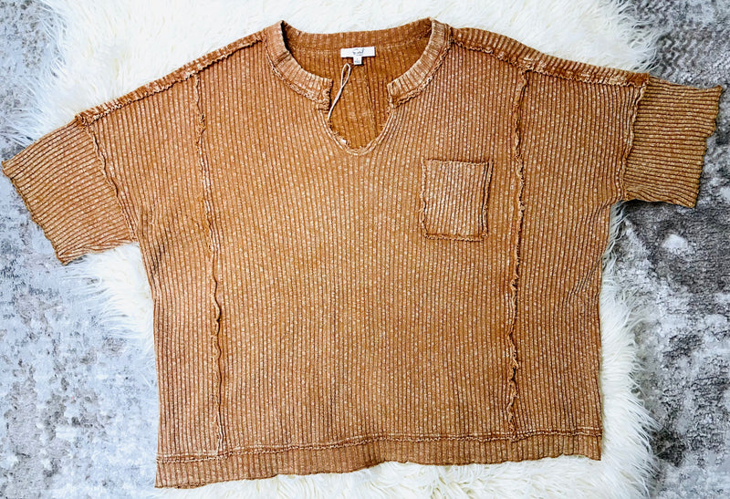 Easel Toasted Brown Ribbed Over-Sized Top