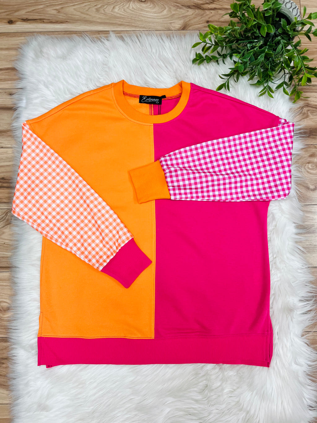 Women’s Evermmee Pink & Orange Color Block Top with Gingham Print Sleeves- True to Size