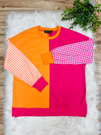Women’s Evermmee Pink & Orange Color Block Top with Gingham Print Sleeves- True to Size
