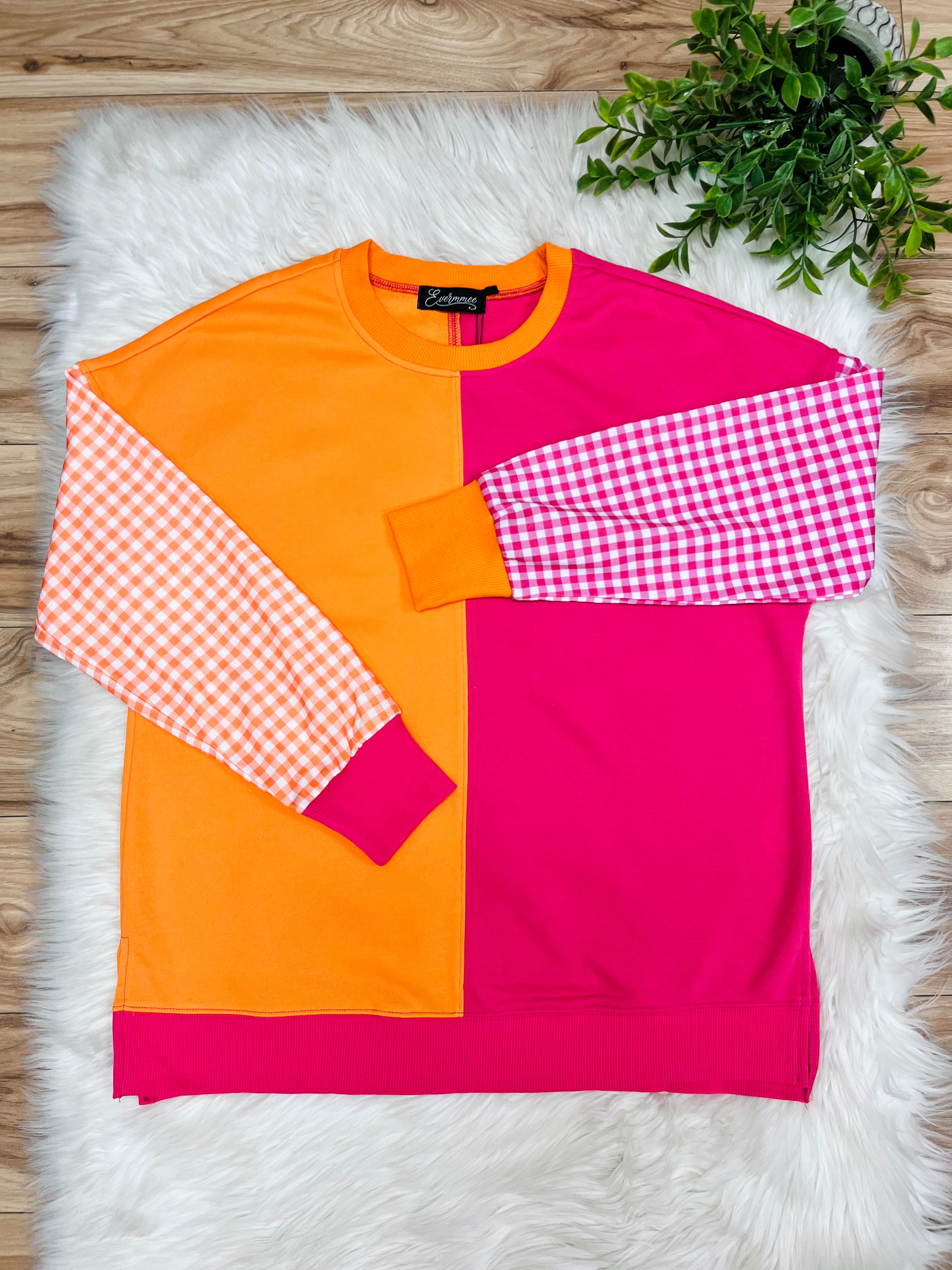 Women’s Evermmee Pink & Orange Color Block Top with Gingham Print Sleeves- True to Size