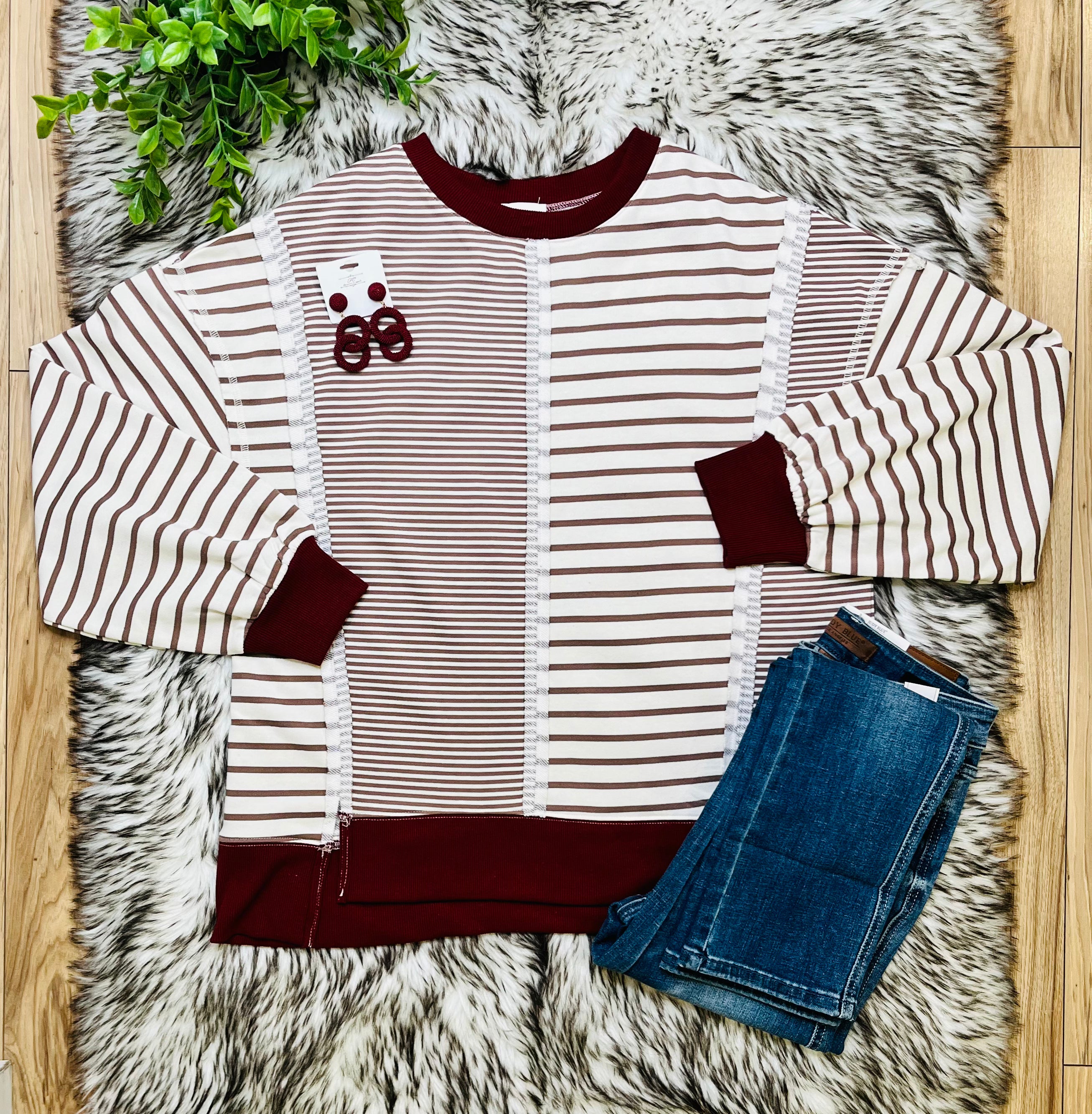 Women’s Very J Mocha and Cream Stripe Patch Top