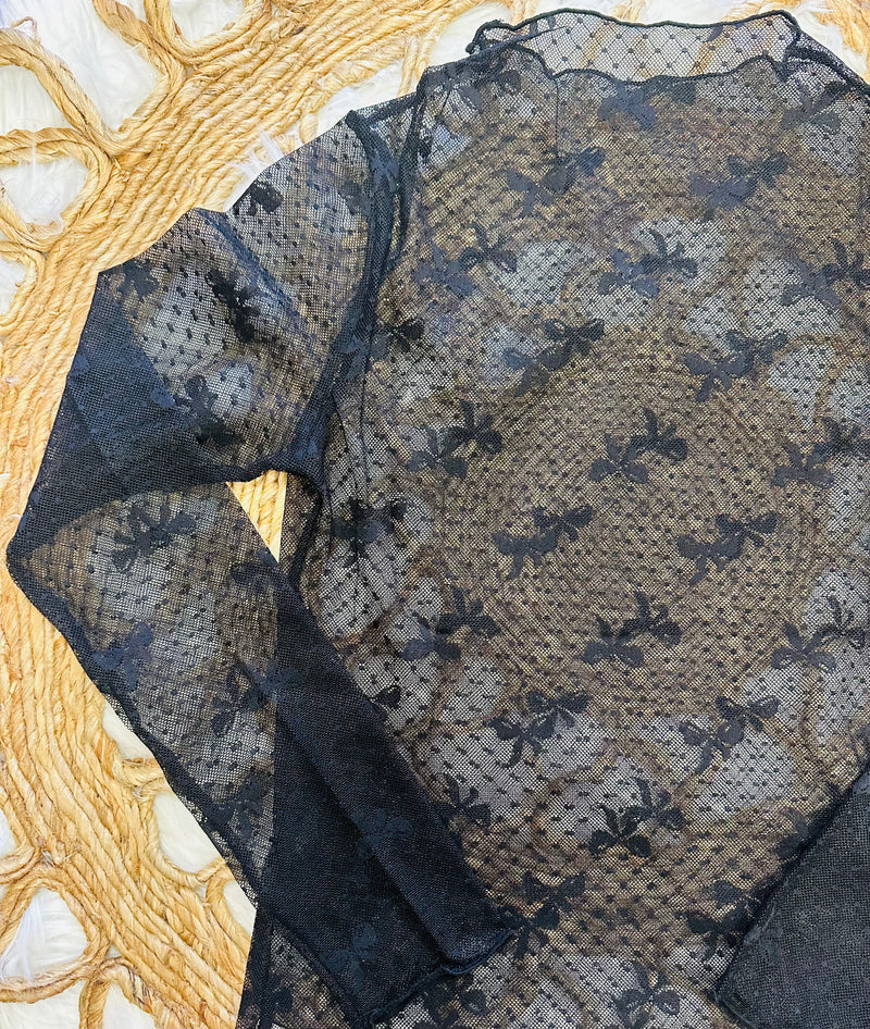 Sewn + Seen Black Bow Print Long Sleeve Lace Top