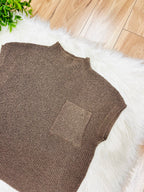 Women’s Mocha Pocket Detail Drop Shoulder Short Sleeve Sweater Top by Blu Pepper- True to Size