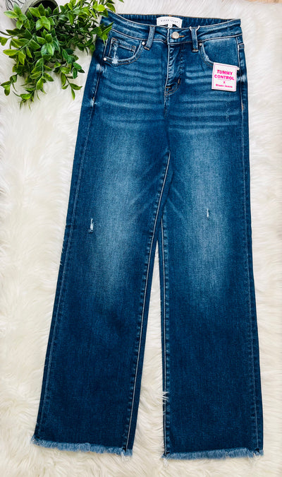 Risen Dark Wash Mid Rise Fray Hem Jeans