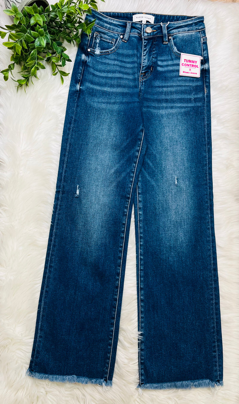 Risen Dark Wash Mid Rise Fray Hem Jeans