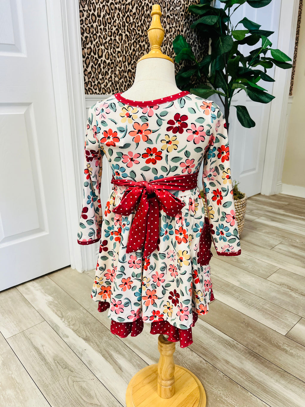 Girl’s Cream and Burgundy Floral Ruffle Dress