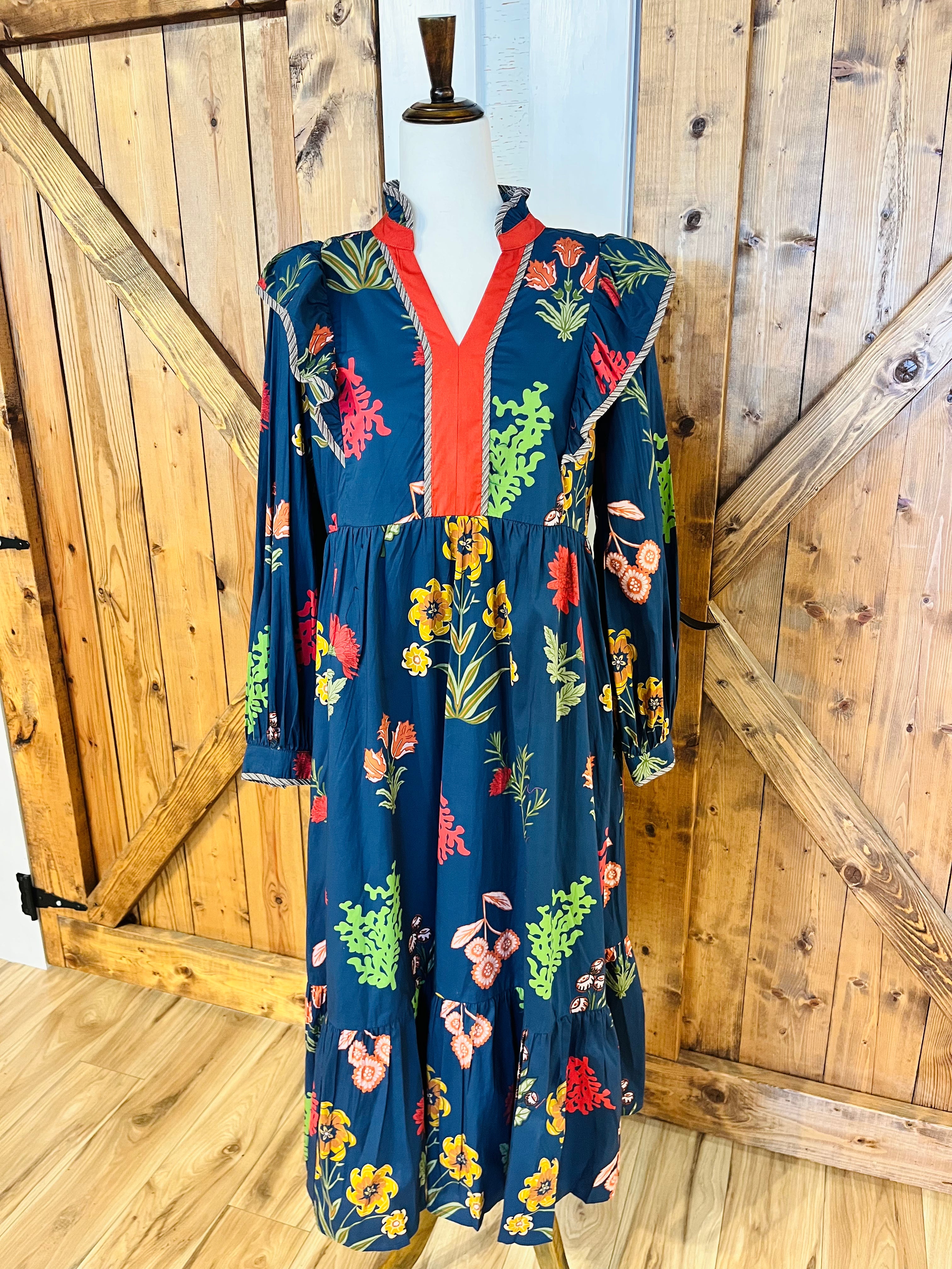 Women’s Jodifl V Neck Navy Floral Long Sleeve Dress- True to Size