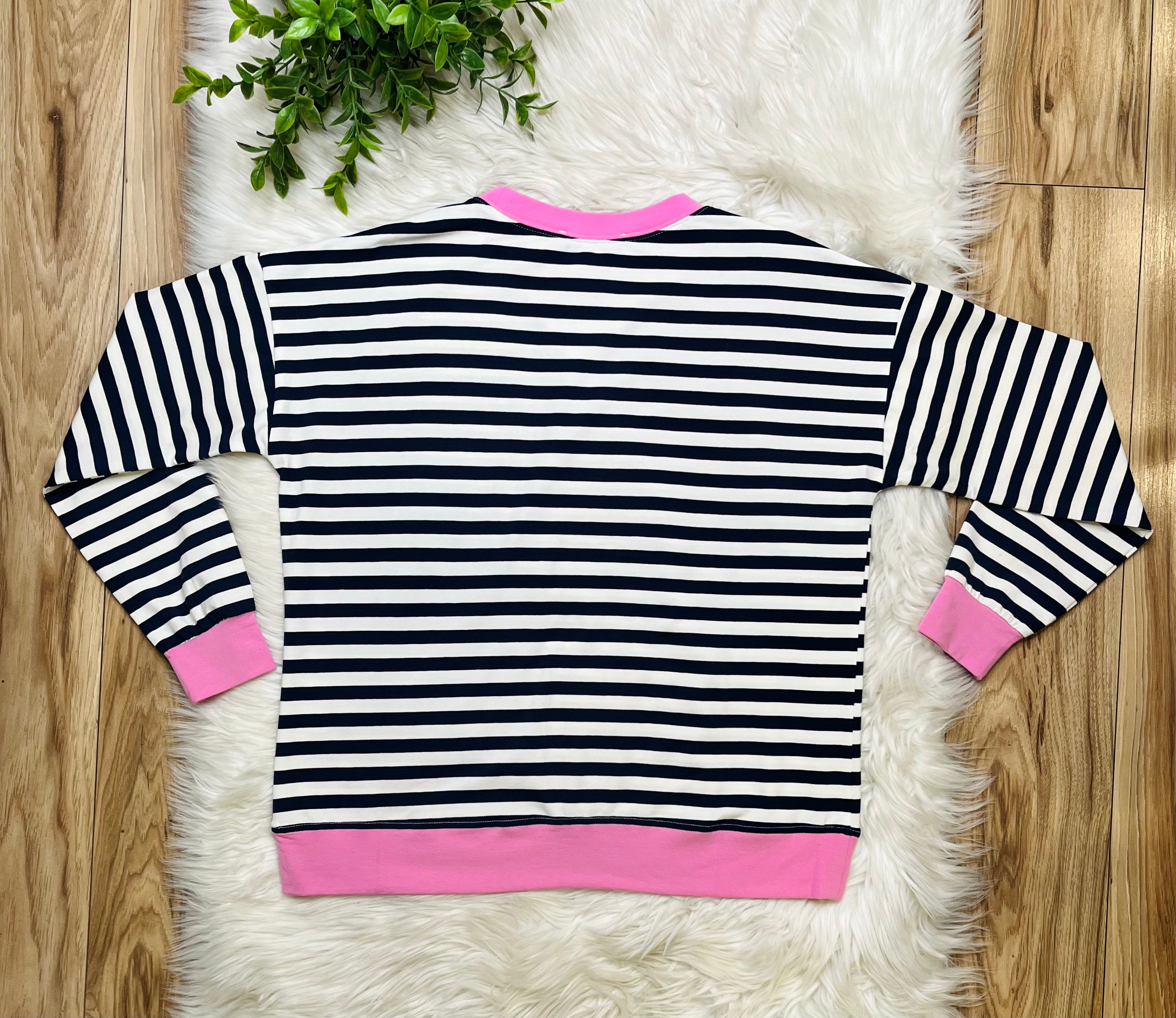 Women’s Navy and Candy Pink Stripe Top- Loose Fit