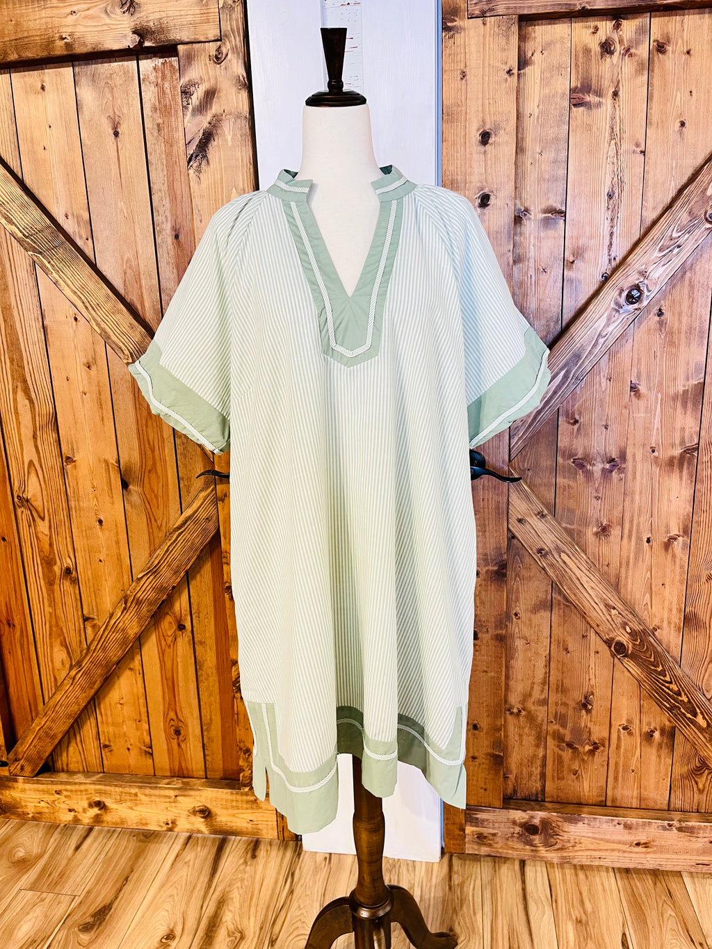 Women’s Umgee Curvy Sage Striped V Neck Dress- True to Size