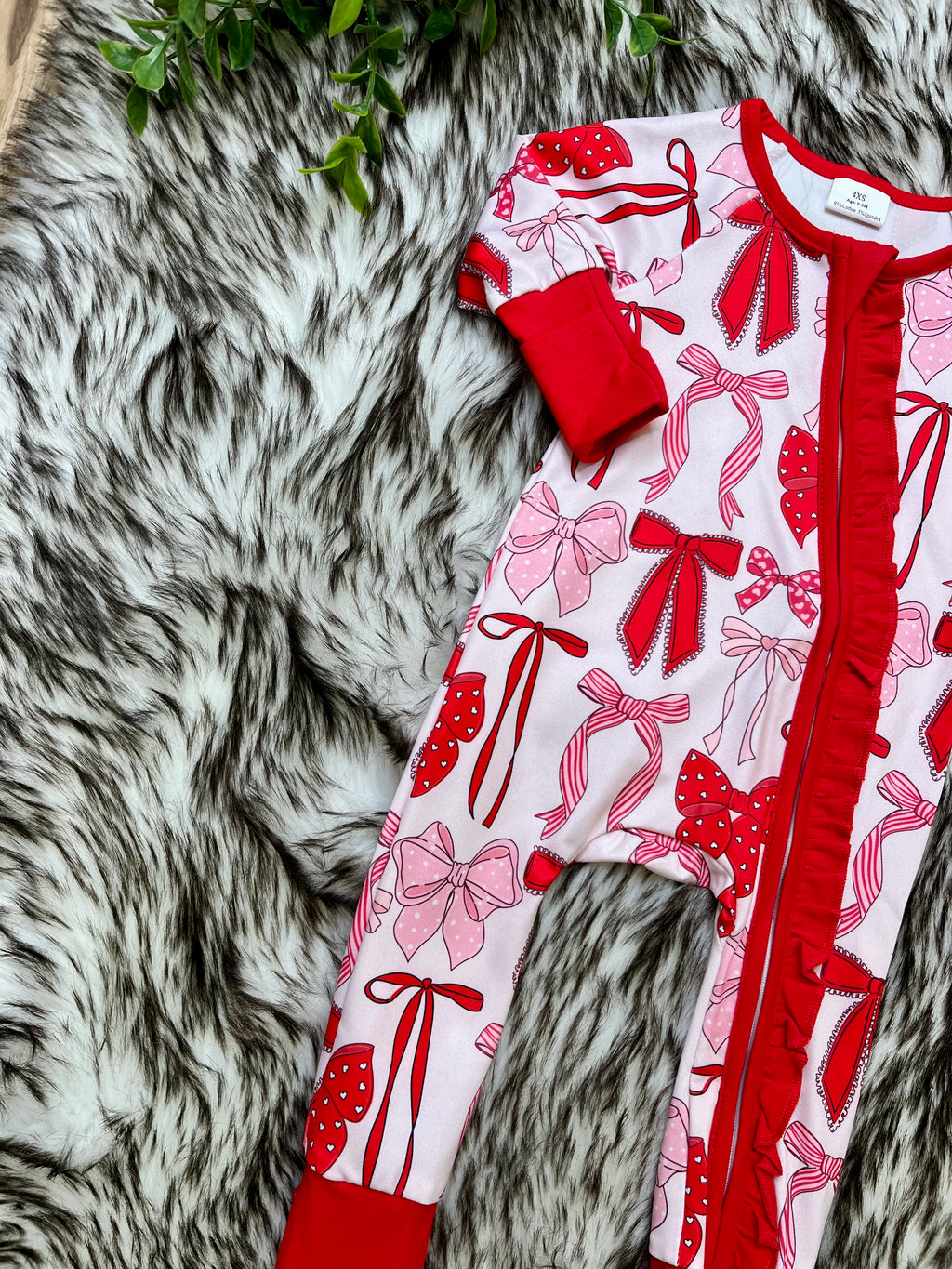 Girl’s Red and Pink Bow Zipper Romper