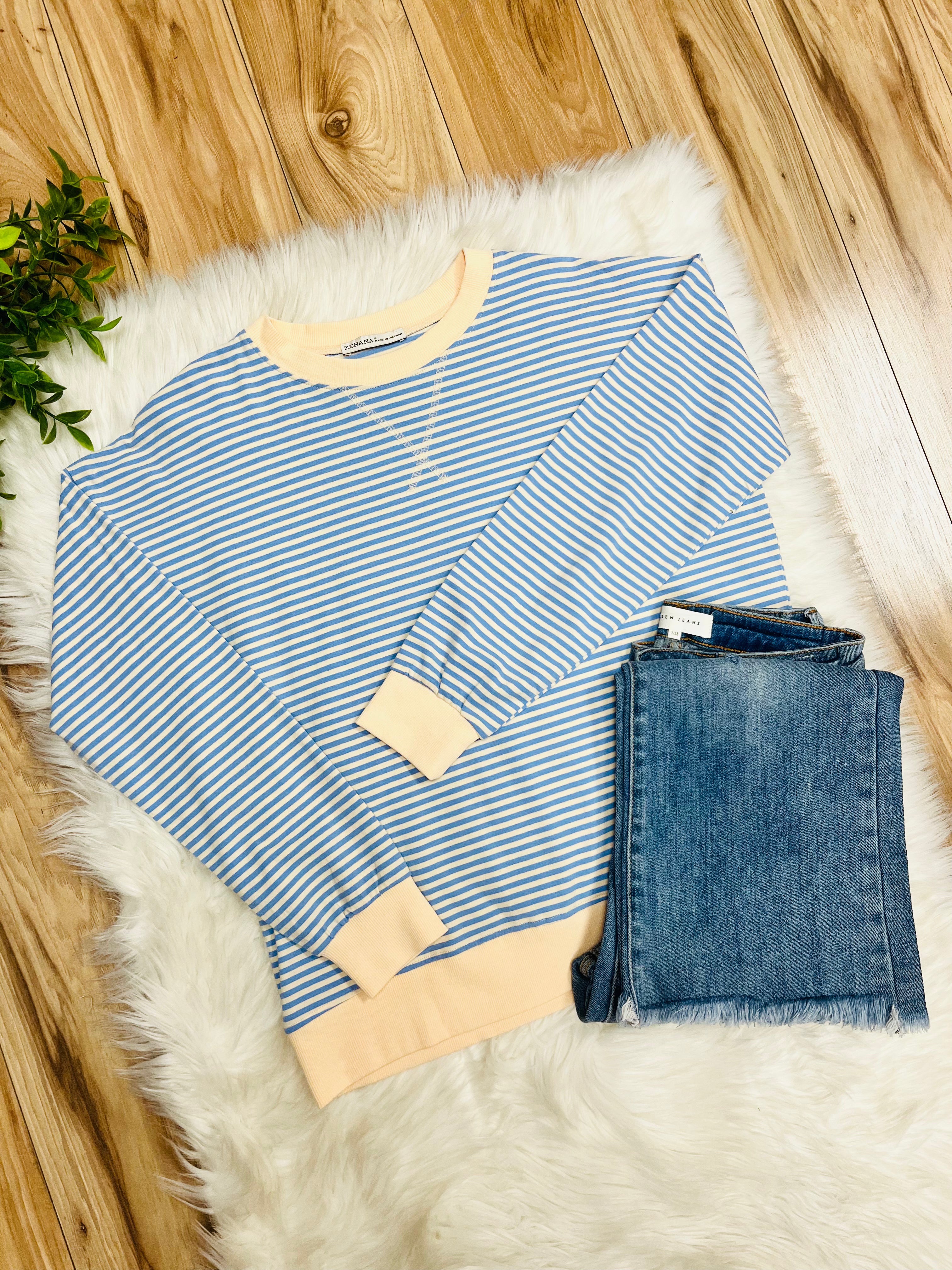 Women’s Zenana Light Blue and Yellow Stripe Long Sleeve Top