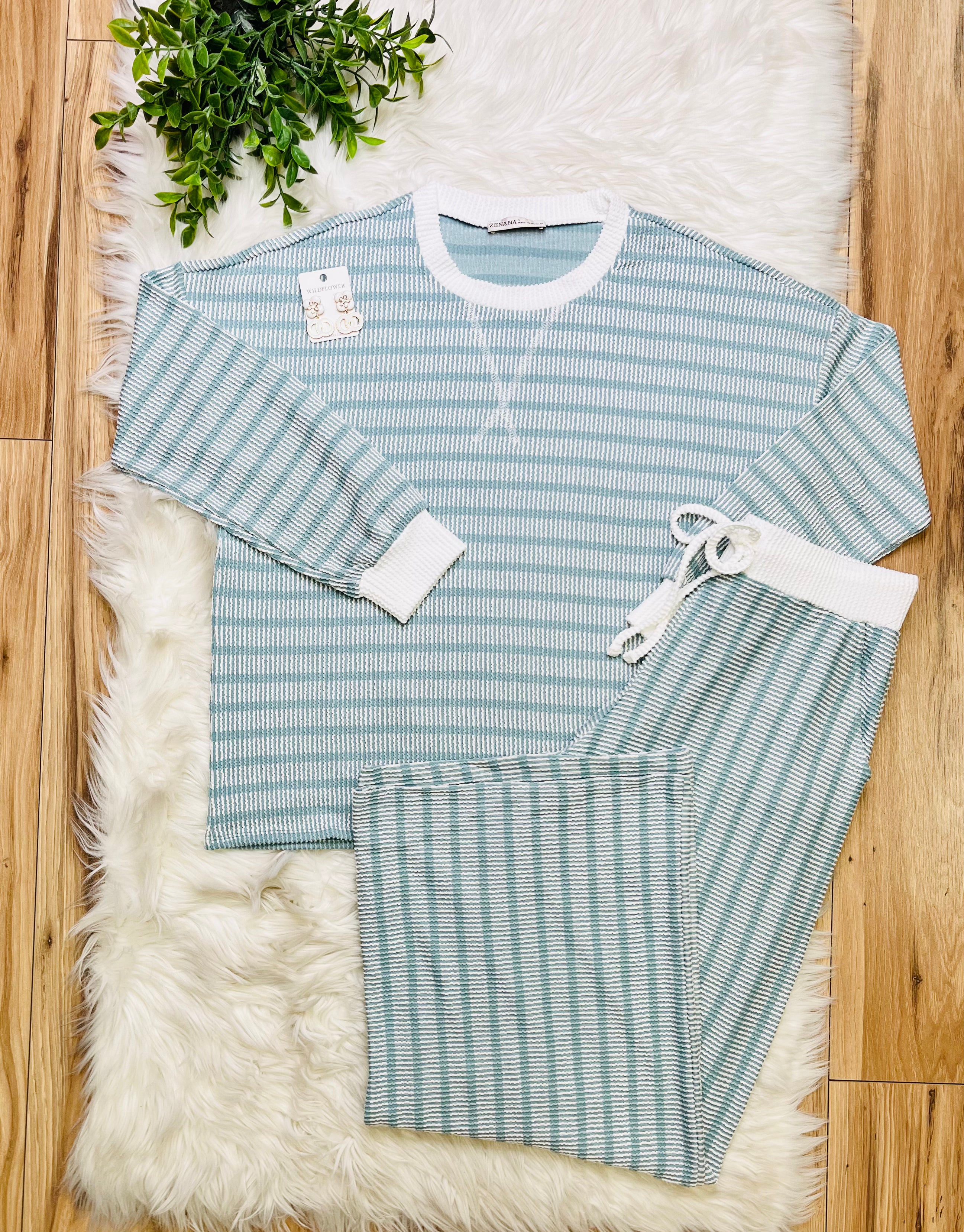 Women’s Zenana Ash Jade Striped Ribbed Pant Set
