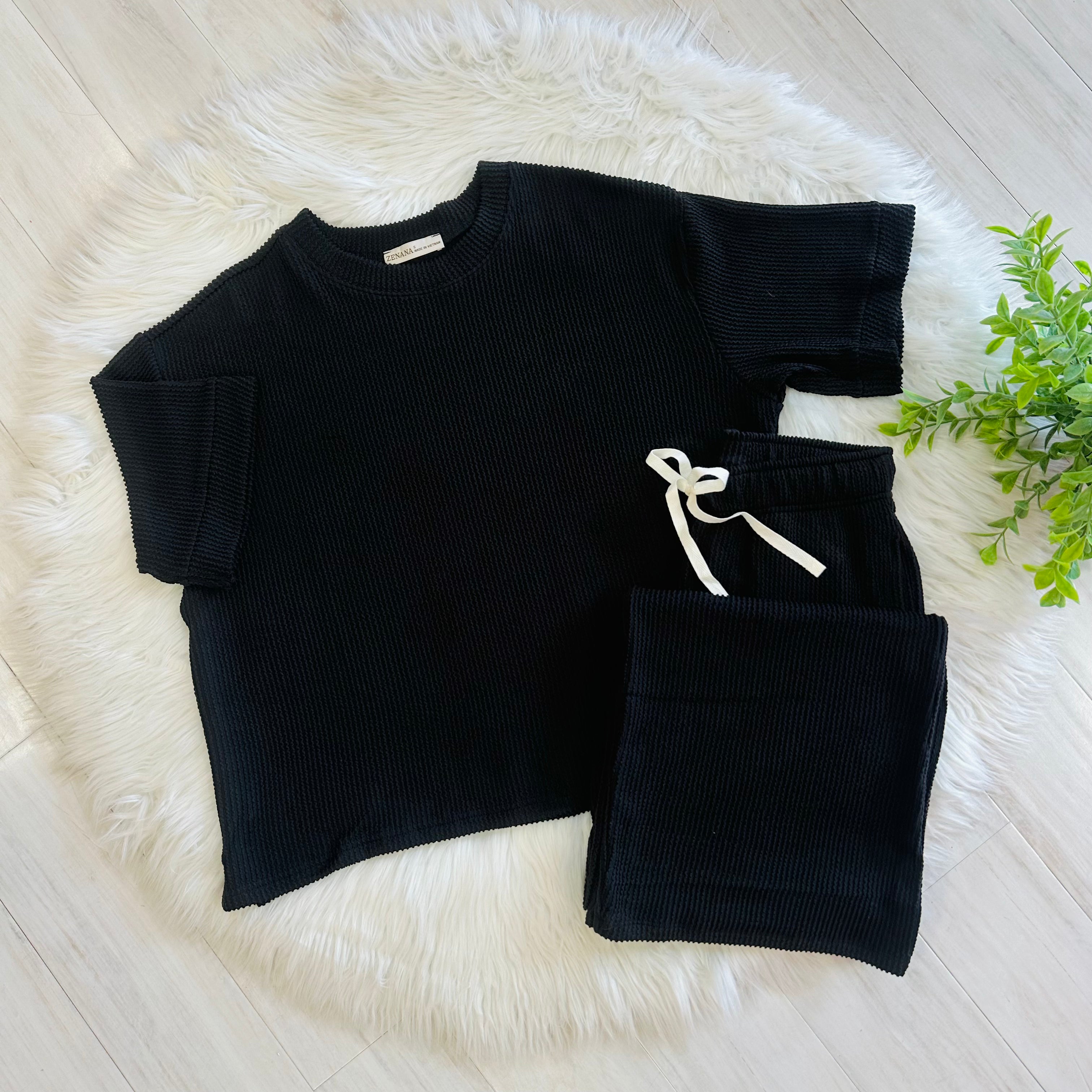 Women’s Black Ribbed Top and Drawstring Pant Set