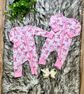 Girl’s Pink Bow with Floral and Heart Details Zipper Romper
