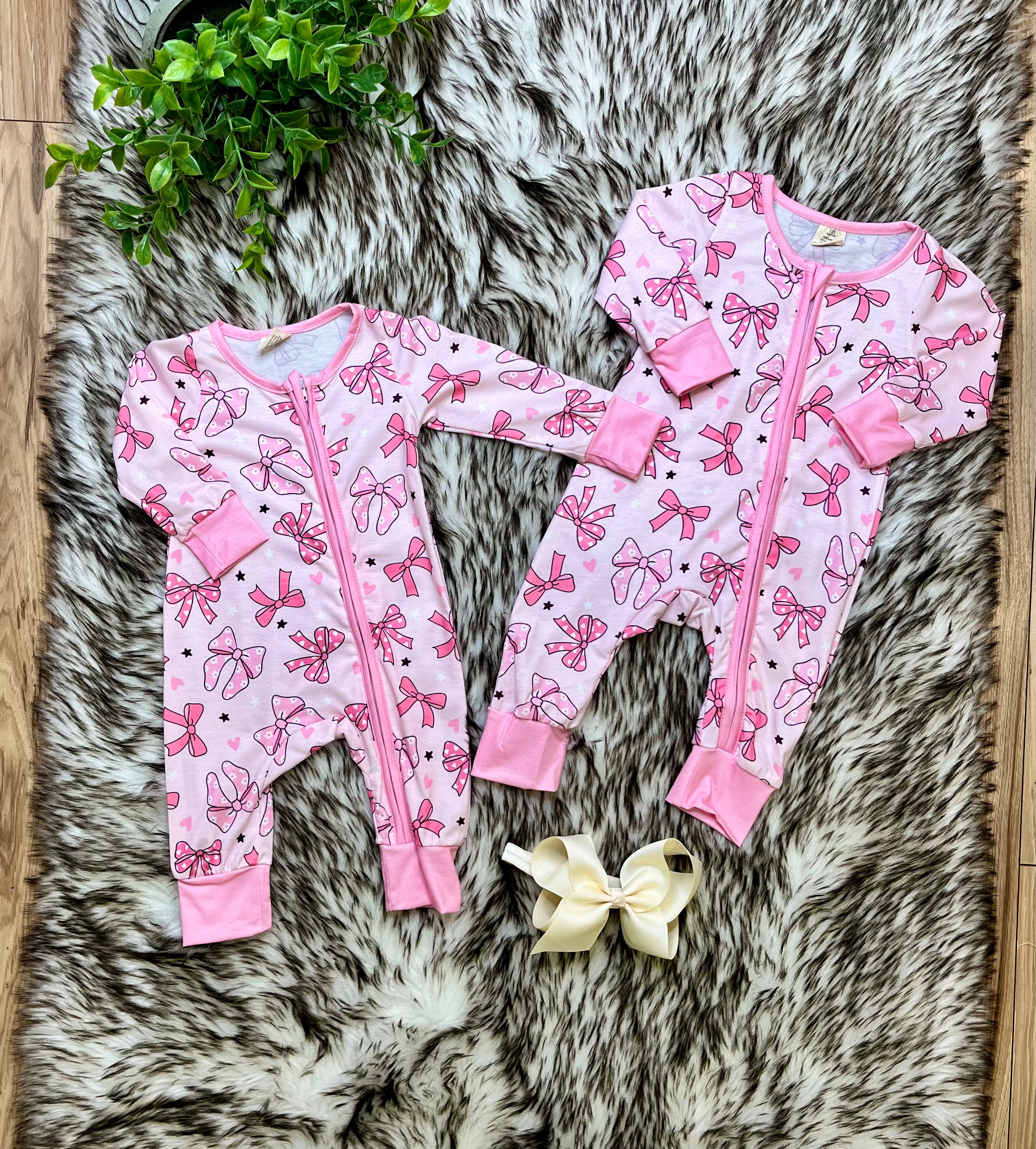 Girl’s Pink Bow with Floral and Heart Details Zipper Romper