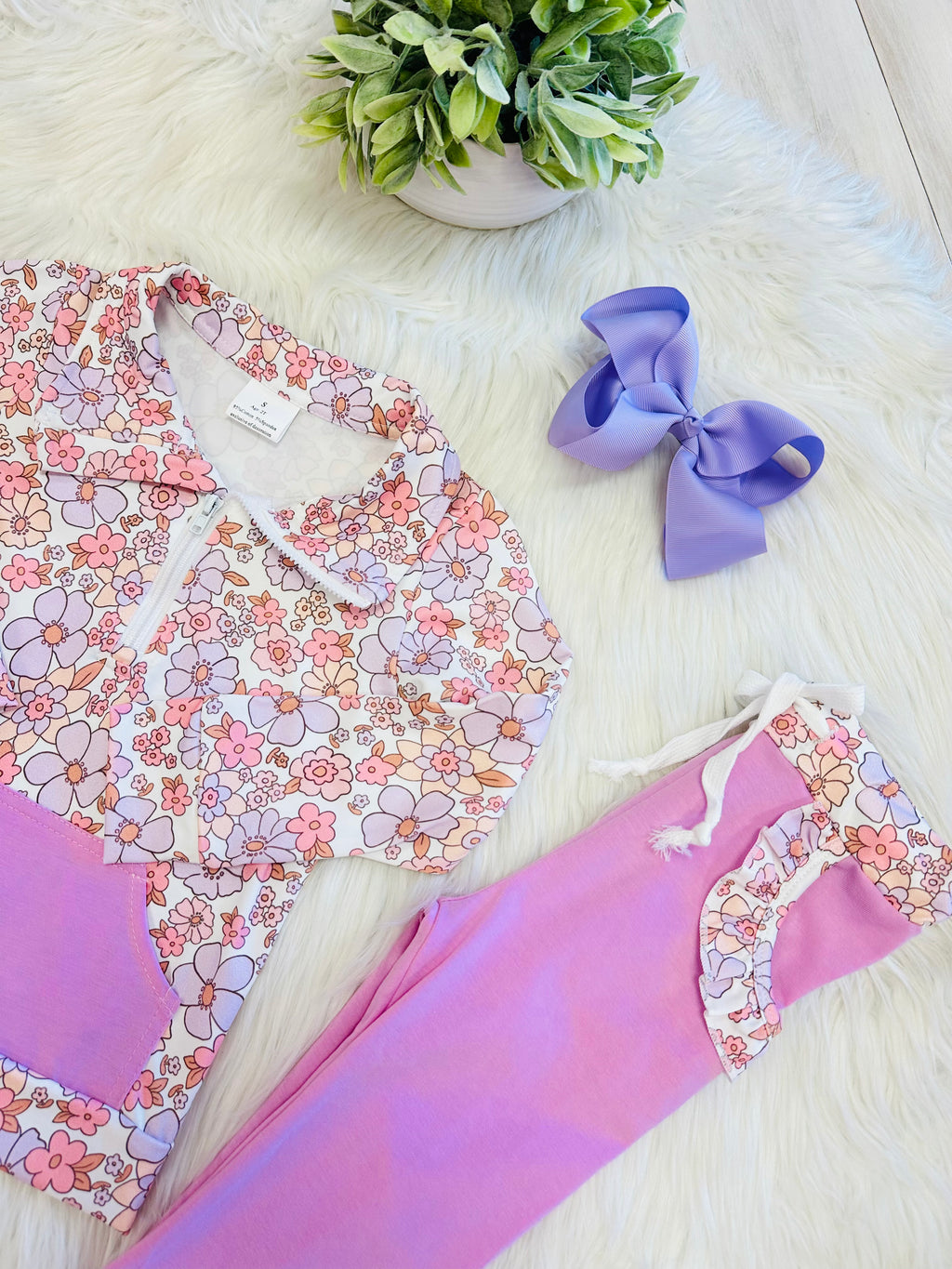 Girl’s Pink and Purple Floral Half Zip Pant Set
