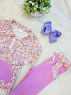 Girl’s Pink and Purple Floral Half Zip Pant Set