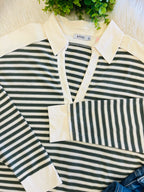 Women’s Olive & Grey Striped Henley Long Sleeve - True To Size