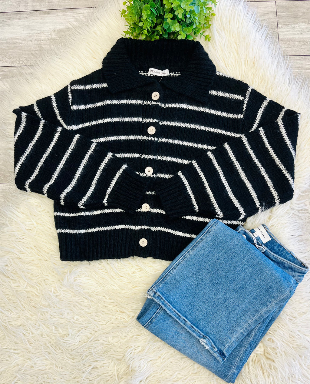 Women’s Zenana Striped Black Button Sweater Top - true to size