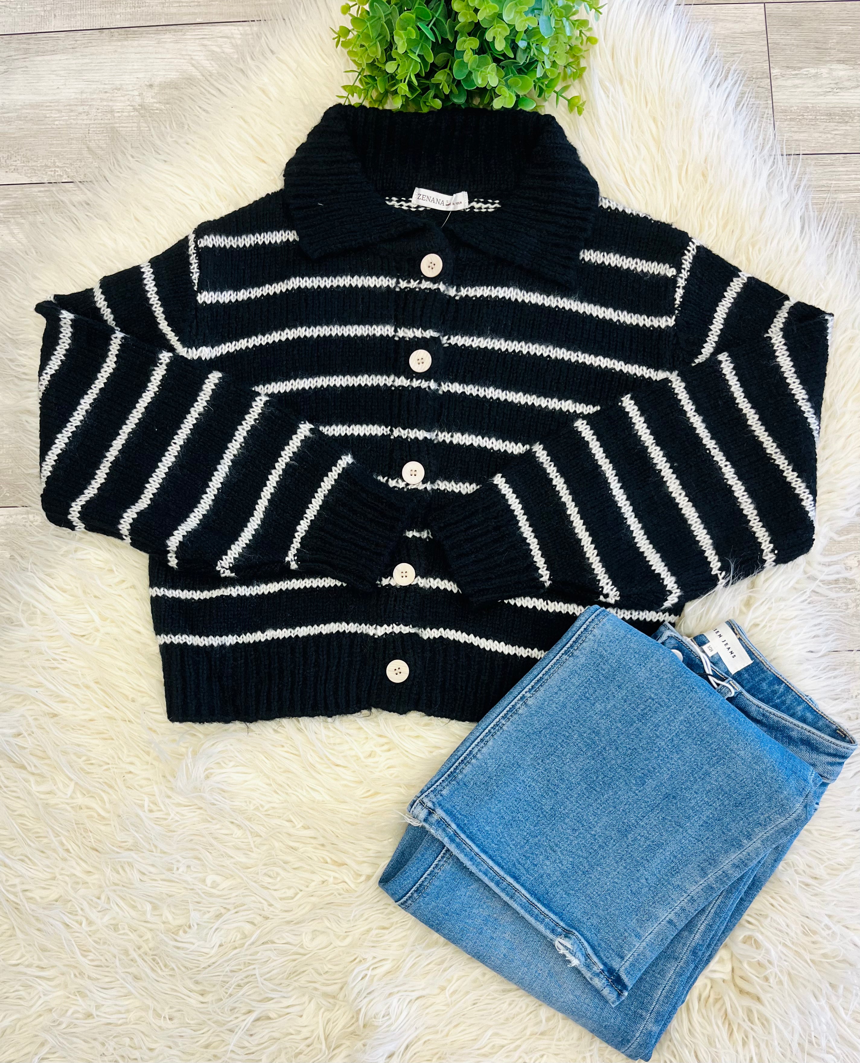 Women’s Zenana Striped Black Button Sweater Top - true to size